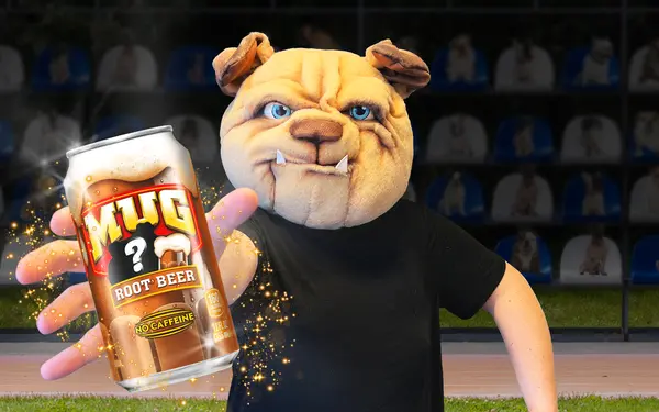 MUG Root Beer mascot Dog holding a can with a question mark